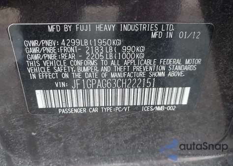 2012 Subaru Impreza 2.0I Limited z USA, uszkodzony, nr VIN JF1GPAG63CH222151